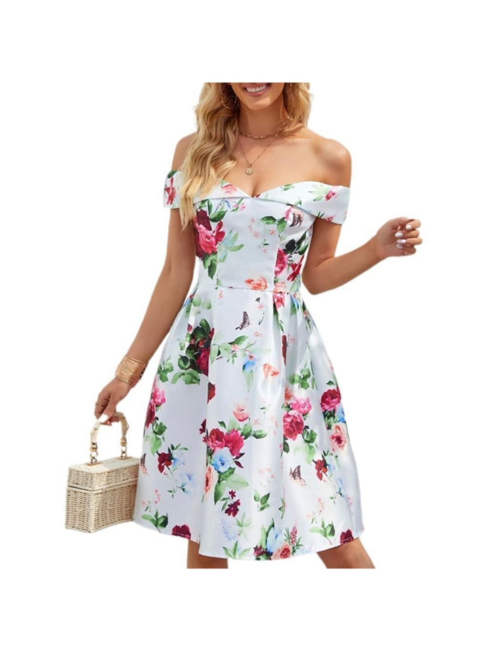 NEW Floral Dress Off Shoulder A Line 1950s Retro Vintage M